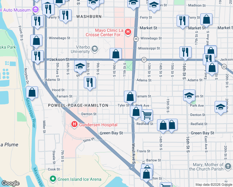map of restaurants, bars, coffee shops, grocery stores, and more near 1233 10th Street in La Crosse