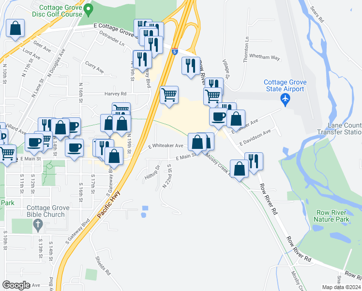 map of restaurants, bars, coffee shops, grocery stores, and more near 2428 East Whiteaker Avenue in Cottage Grove