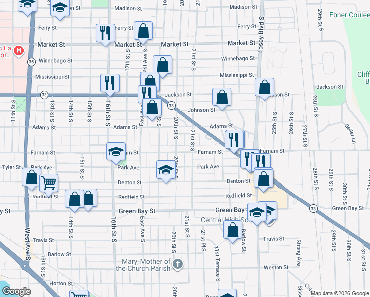 map of restaurants, bars, coffee shops, grocery stores, and more near 1230 21st Street South in La Crosse