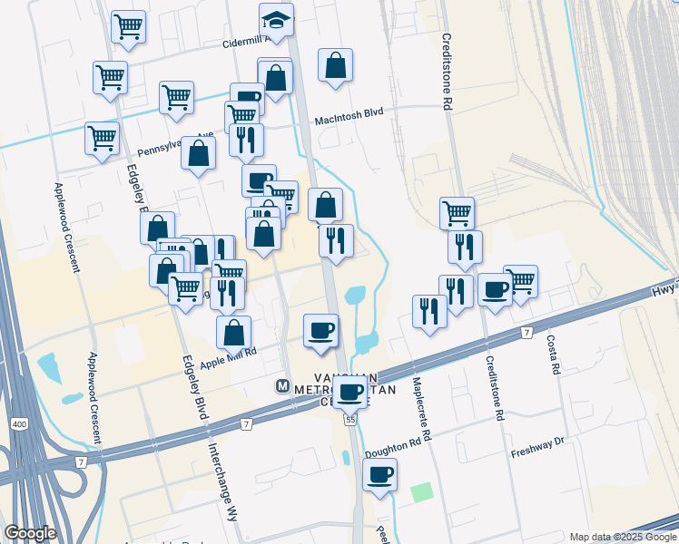 map of restaurants, bars, coffee shops, grocery stores, and more near 7895 Jane Street in Vaughan