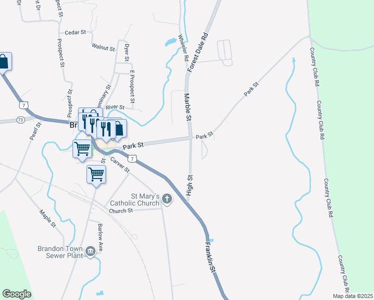 map of restaurants, bars, coffee shops, grocery stores, and more near 75 Park Street in Brandon