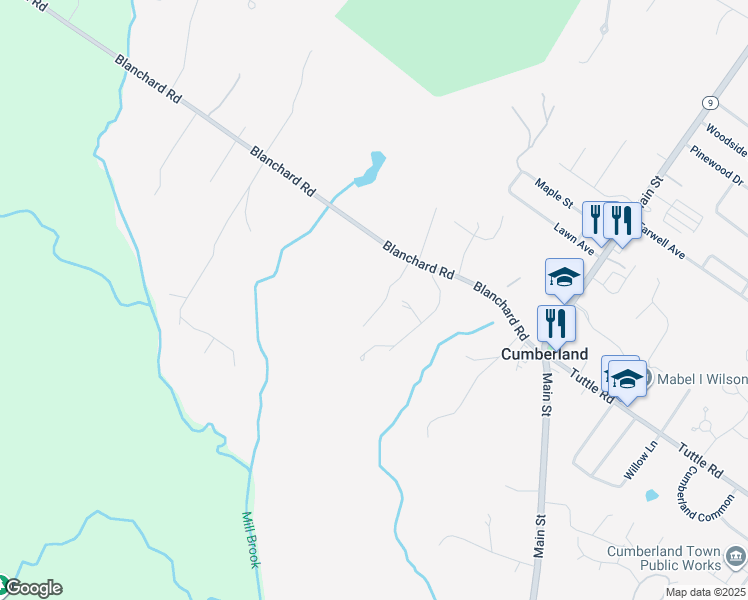 map of restaurants, bars, coffee shops, grocery stores, and more near 38 Blanchard Road in Cumberland