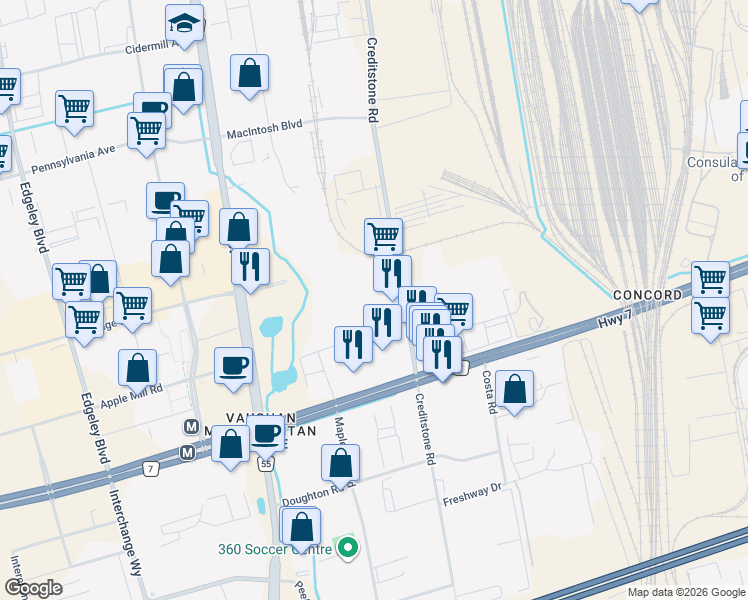 map of restaurants, bars, coffee shops, grocery stores, and more near 350 Creditstone Road in Vaughan