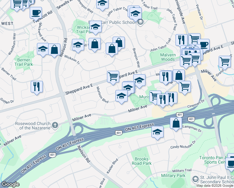 map of restaurants, bars, coffee shops, grocery stores, and more near 81 United Square in Toronto