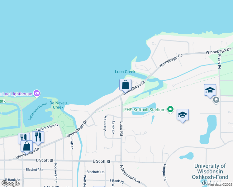 map of restaurants, bars, coffee shops, grocery stores, and more near N7006 Winnebago Drive in Fond du Lac