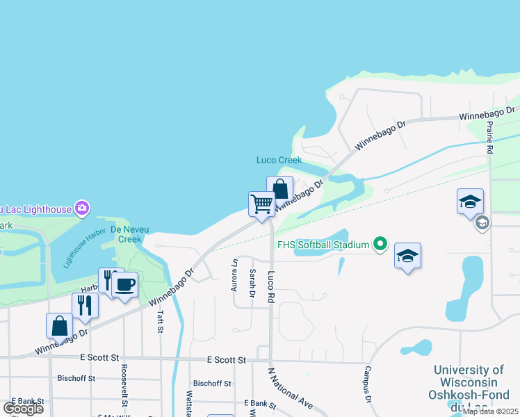 map of restaurants, bars, coffee shops, grocery stores, and more near N7006 Winnebago Drive in Fond du Lac