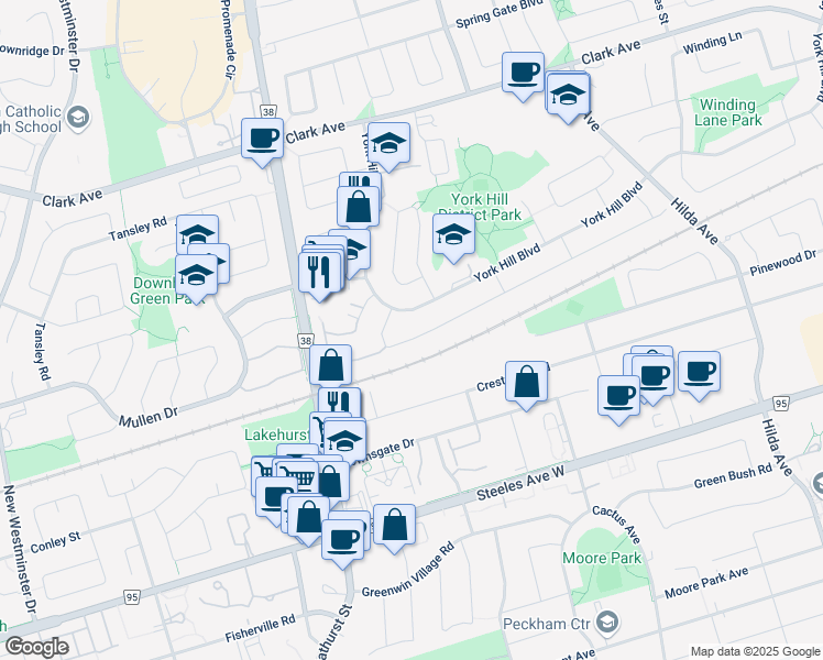 map of restaurants, bars, coffee shops, grocery stores, and more near 227 York Hill Boulevard in Vaughan