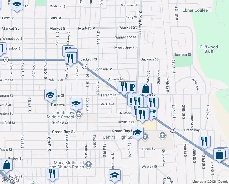 map of restaurants, bars, coffee shops, grocery stores, and more near 1231 Bluff Street in La Crosse
