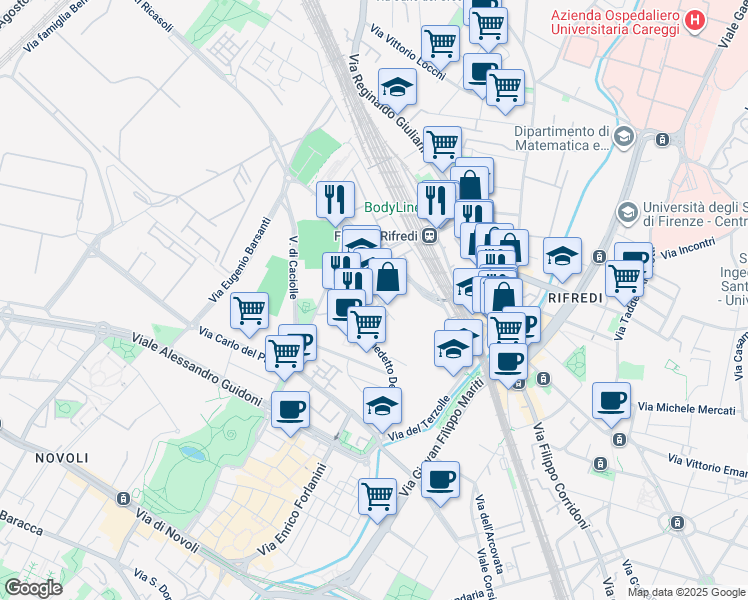 map of restaurants, bars, coffee shops, grocery stores, and more near 43 Via dei Caboto in Firenze