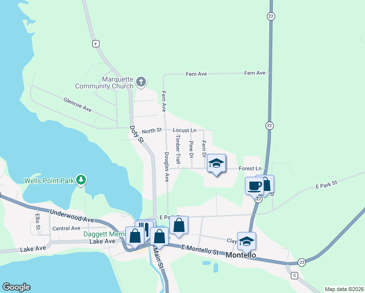 map of restaurants, bars, coffee shops, grocery stores, and more near 88 Timber Trail in Montello