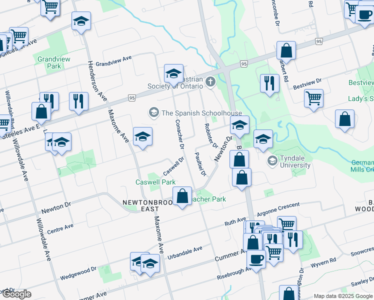 map of restaurants, bars, coffee shops, grocery stores, and more near 685 Conacher Drive in Toronto
