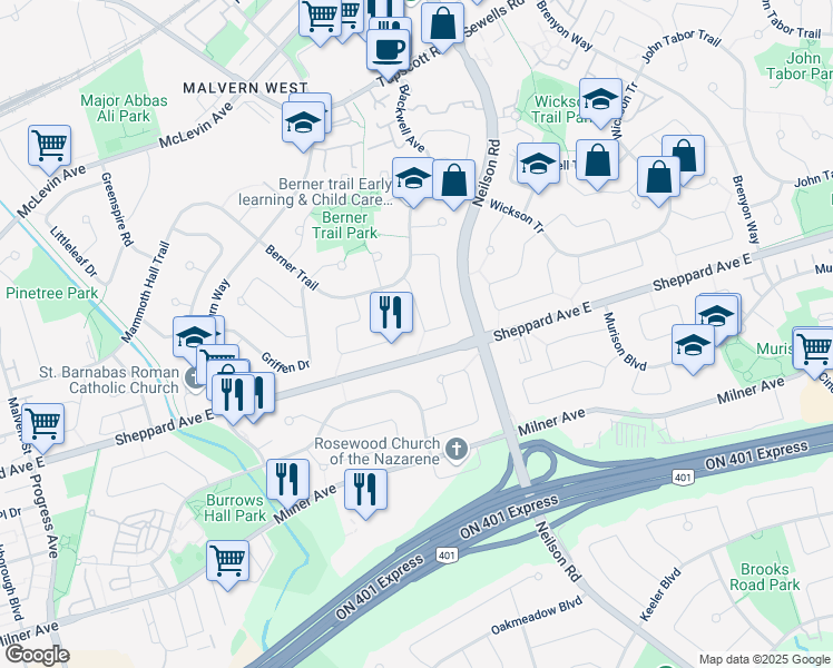 map of restaurants, bars, coffee shops, grocery stores, and more near 24 Hutcherson Square in Toronto