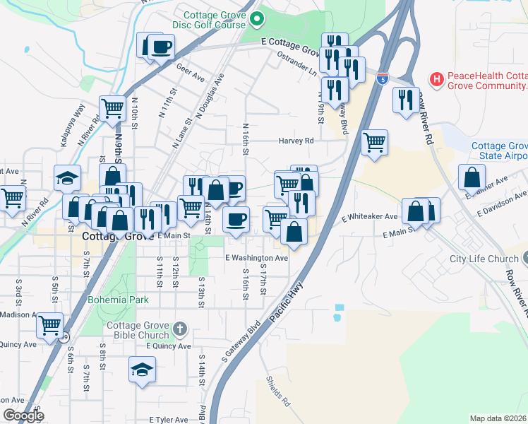 map of restaurants, bars, coffee shops, grocery stores, and more near 125 North Gateway Boulevard in Cottage Grove