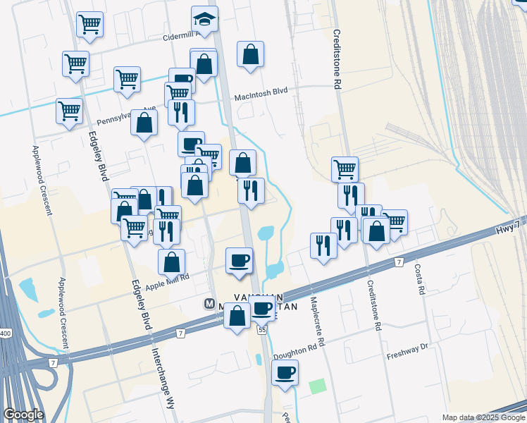 map of restaurants, bars, coffee shops, grocery stores, and more near in Vaughan