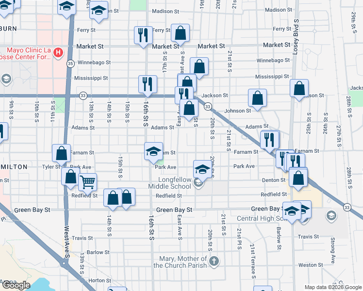 map of restaurants, bars, coffee shops, grocery stores, and more near 1233 East Avenue South in La Crosse
