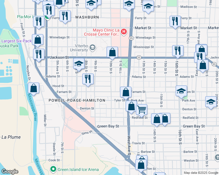 map of restaurants, bars, coffee shops, grocery stores, and more near 1233 10th Street in La Crosse