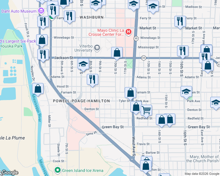 map of restaurants, bars, coffee shops, grocery stores, and more near 927 Hood Street in La Crosse