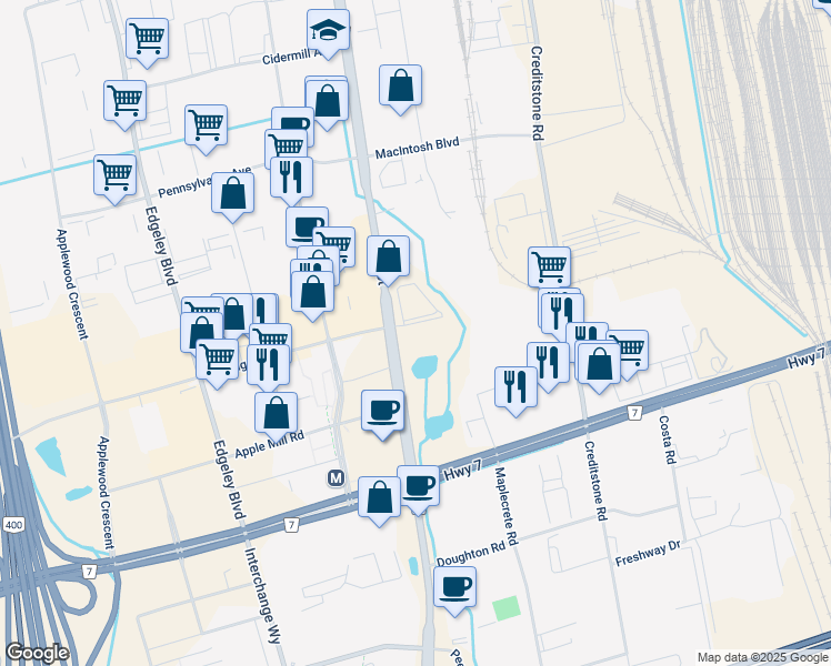 map of restaurants, bars, coffee shops, grocery stores, and more near 1010 Portage Parkway in Vaughan