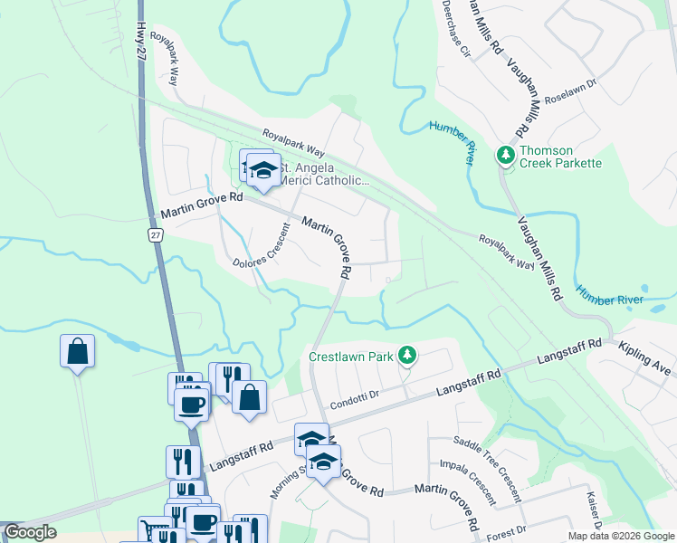 map of restaurants, bars, coffee shops, grocery stores, and more near 67 Antonia Court in Vaughan