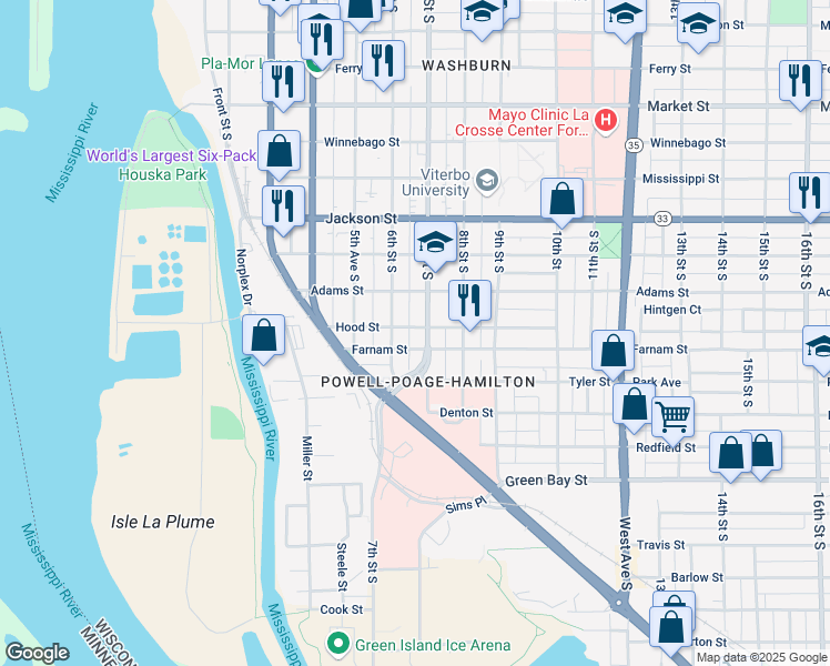 map of restaurants, bars, coffee shops, grocery stores, and more near 620 Hood Street in La Crosse