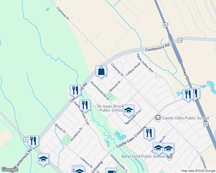 map of restaurants, bars, coffee shops, grocery stores, and more near 7 Campwood Crescent in Brampton