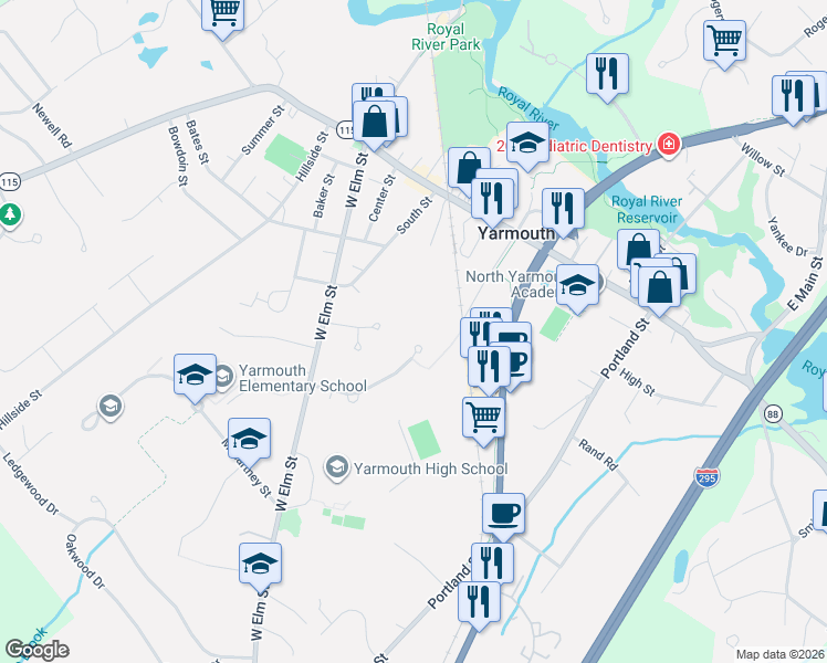 map of restaurants, bars, coffee shops, grocery stores, and more near 50 Holbrook Road in Yarmouth