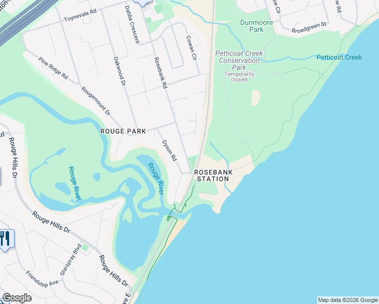 map of restaurants, bars, coffee shops, grocery stores, and more near in Pickering