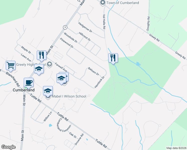 map of restaurants, bars, coffee shops, grocery stores, and more near 4 Balsam Drive in Cumberland