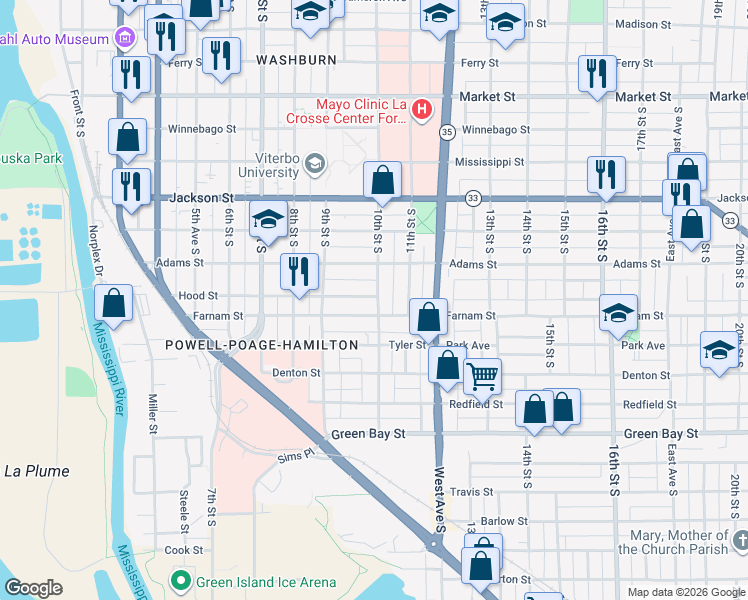map of restaurants, bars, coffee shops, grocery stores, and more near 1233 10th Street in La Crosse
