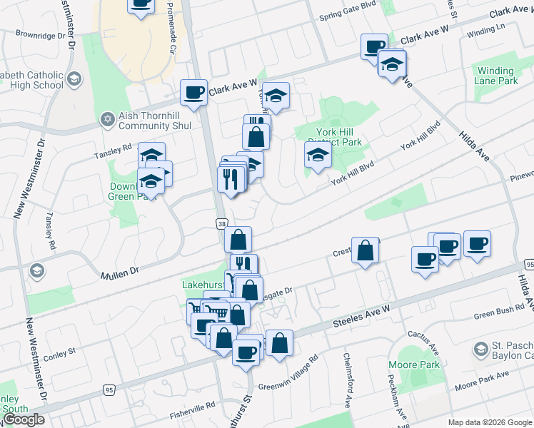 map of restaurants, bars, coffee shops, grocery stores, and more near 21 Esther Crescent in Vaughan