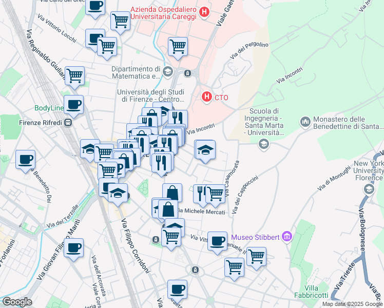 map of restaurants, bars, coffee shops, grocery stores, and more near 20 Via Pietro Grocco in Florence