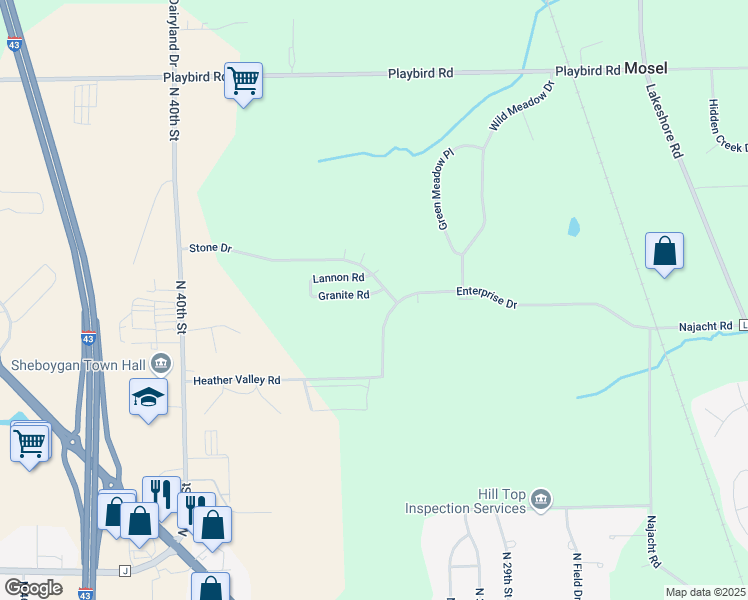 map of restaurants, bars, coffee shops, grocery stores, and more near 3505 Granite Road in Sheboygan