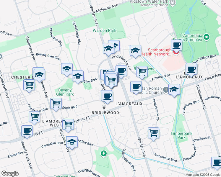 map of restaurants, bars, coffee shops, grocery stores, and more near in Toronto