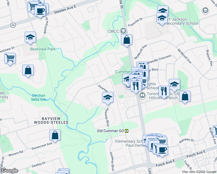 map of restaurants, bars, coffee shops, grocery stores, and more near 7 Leavey Court in Toronto