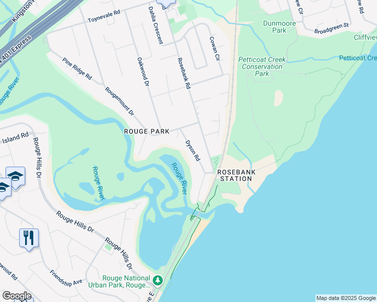 map of restaurants, bars, coffee shops, grocery stores, and more near 372 Dyson Road in Pickering