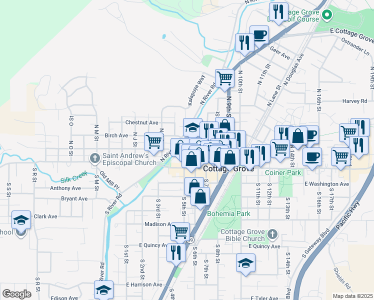 map of restaurants, bars, coffee shops, grocery stores, and more near 510 East Whiteaker Avenue in Cottage Grove