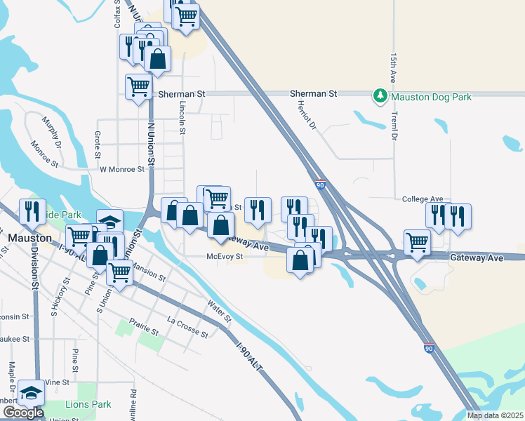 map of restaurants, bars, coffee shops, grocery stores, and more near 2 Kennedy Street in Mauston