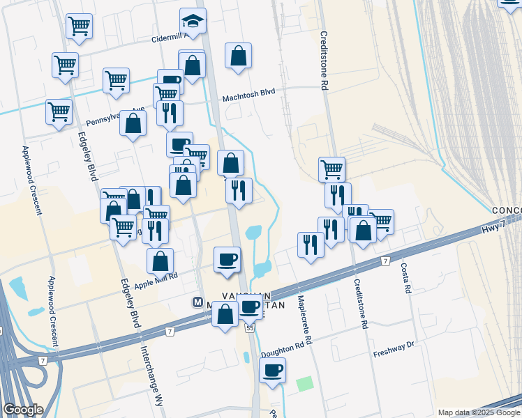 map of restaurants, bars, coffee shops, grocery stores, and more near in Vaughan