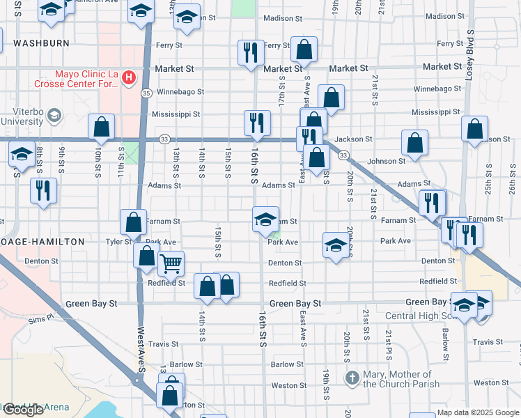 map of restaurants, bars, coffee shops, grocery stores, and more near 1232 16th Street South in La Crosse