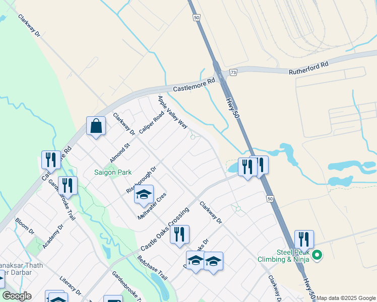 map of restaurants, bars, coffee shops, grocery stores, and more near Aspermont Crescent in Brampton