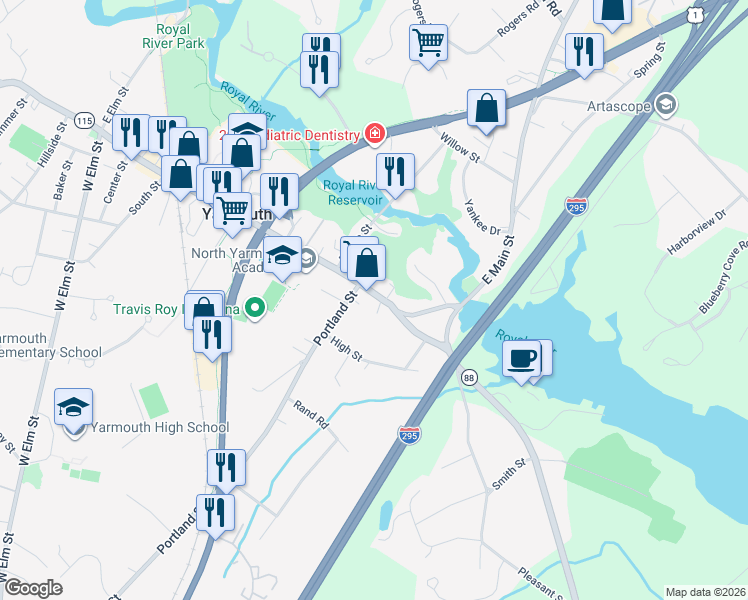 map of restaurants, bars, coffee shops, grocery stores, and more near 82 Main Street in Yarmouth