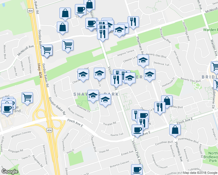 map of restaurants, bars, coffee shops, grocery stores, and more near 227 Apache Trail in Toronto