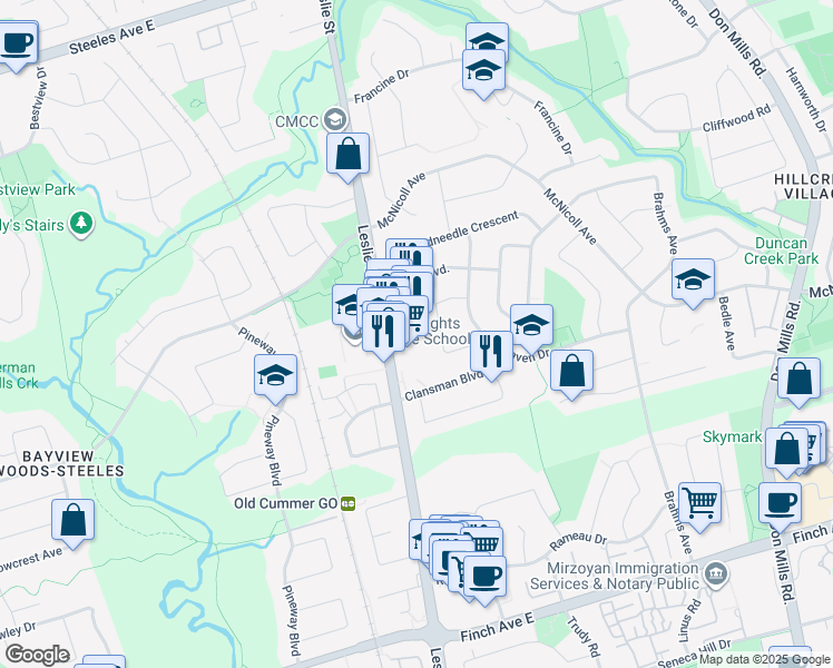 map of restaurants, bars, coffee shops, grocery stores, and more near 5863 Leslie Street in Toronto