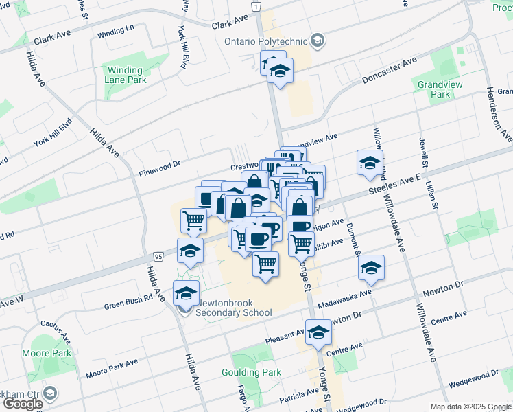 map of restaurants, bars, coffee shops, grocery stores, and more near 72 Steeles Avenue West in Vaughan