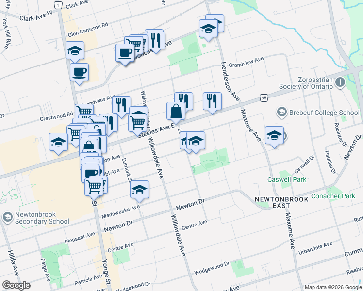map of restaurants, bars, coffee shops, grocery stores, and more near 1068 Lillian Street in Toronto