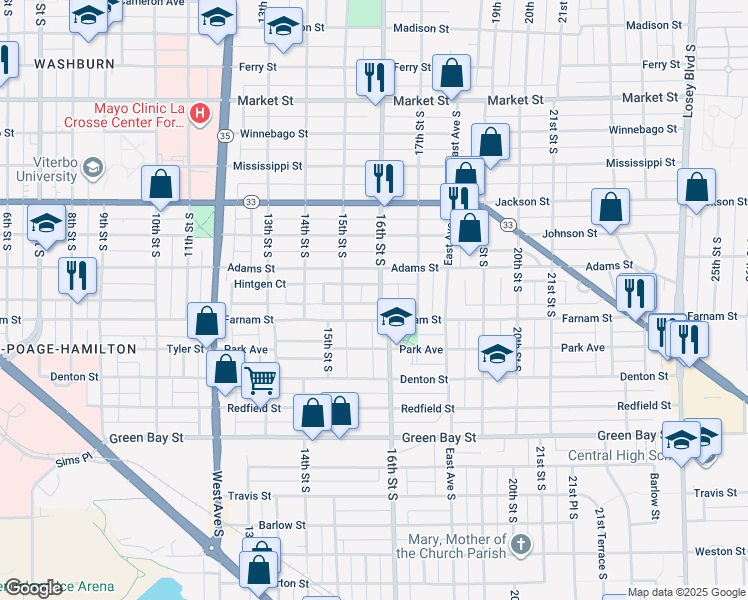 map of restaurants, bars, coffee shops, grocery stores, and more near 1232 16th Street South in La Crosse