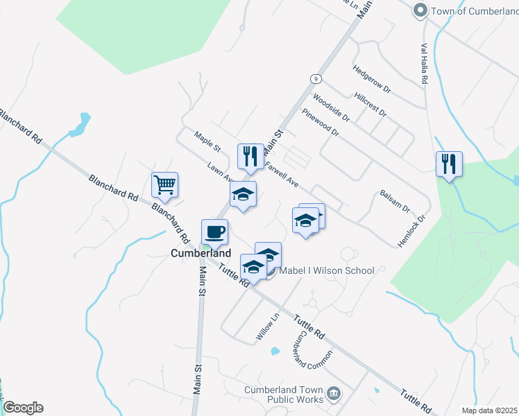 map of restaurants, bars, coffee shops, grocery stores, and more near 303 Main Street in Cumberland