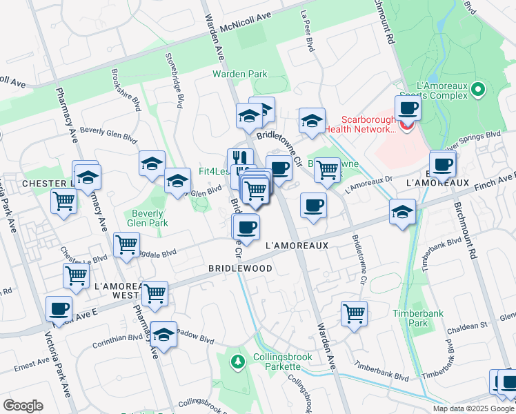 map of restaurants, bars, coffee shops, grocery stores, and more near 2900 Warden Avenue in Toronto