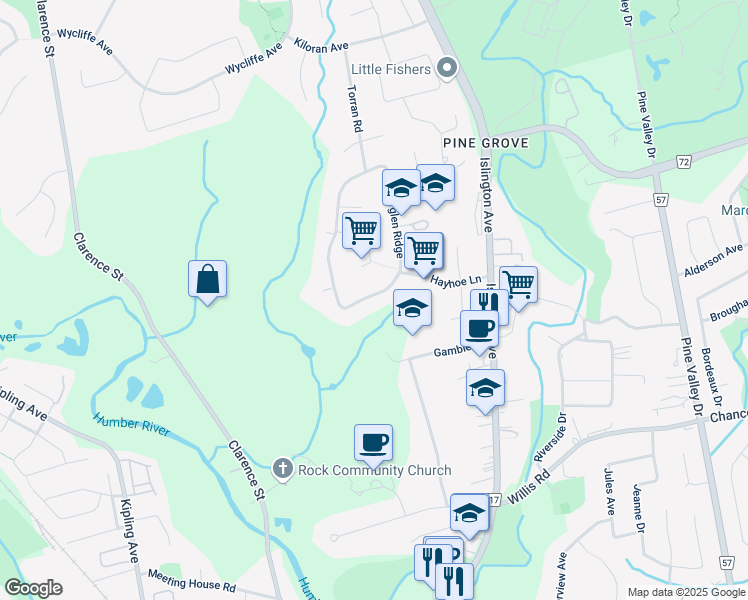 map of restaurants, bars, coffee shops, grocery stores, and more near 44 Firglen Ridge in Vaughan