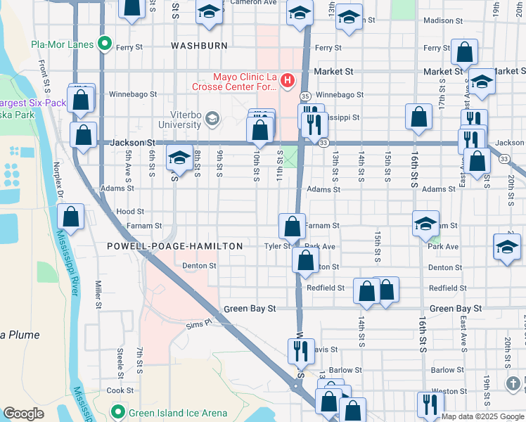 map of restaurants, bars, coffee shops, grocery stores, and more near 1233 10th Street in La Crosse